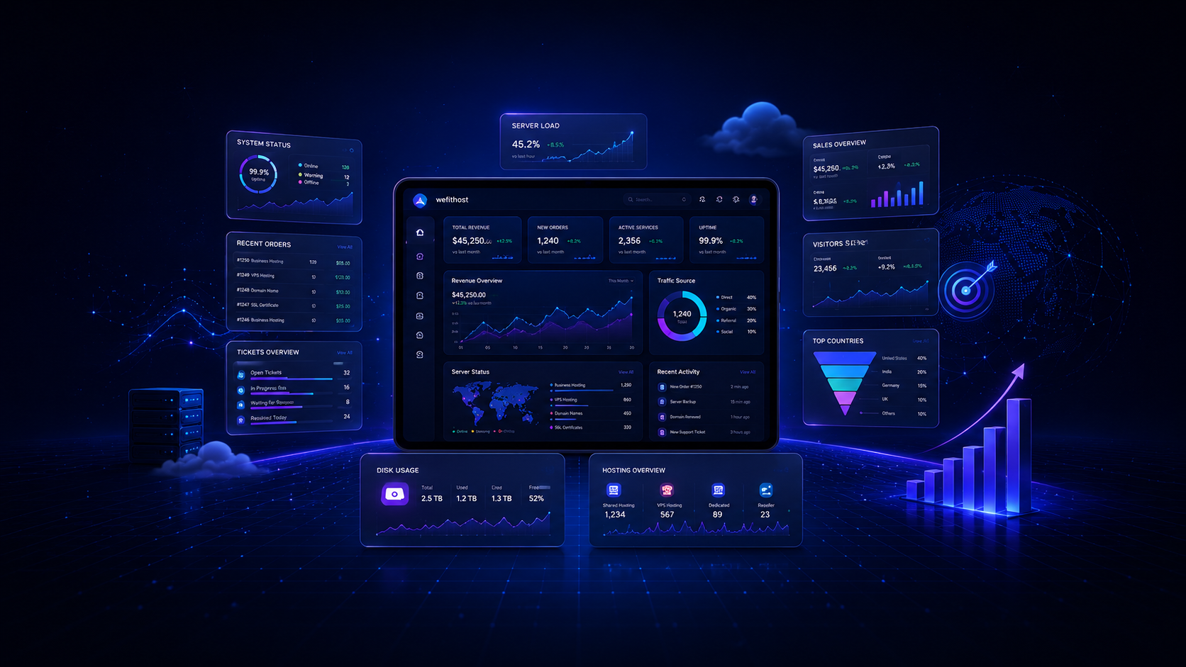 WeFitHost digital marketing dashboard showing SEO analytics, PPC campaign performance, traffic growth, keyword rankings, and conversion tracking.