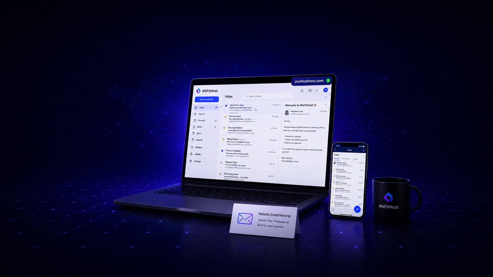 WeFitHost professional email hosting dashboard showing business inbox, custom domain email, spam protection, mailbox storage, webmail access, and email client setup.